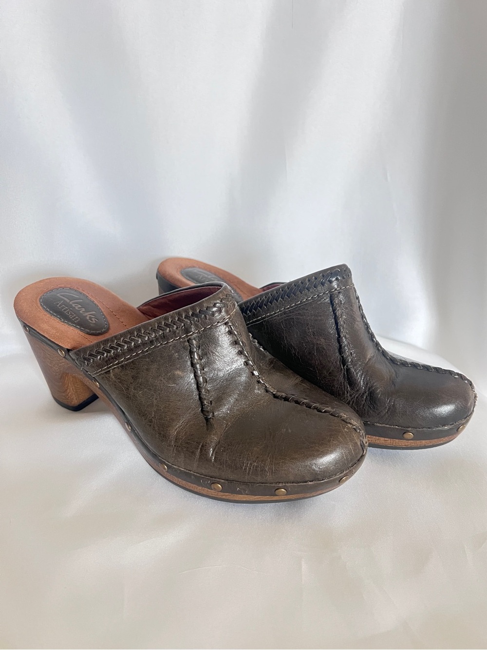 Clarks Artisan Dark Brown Leather Slip-On Mule Clog Block Heel Size 6.5 M Women